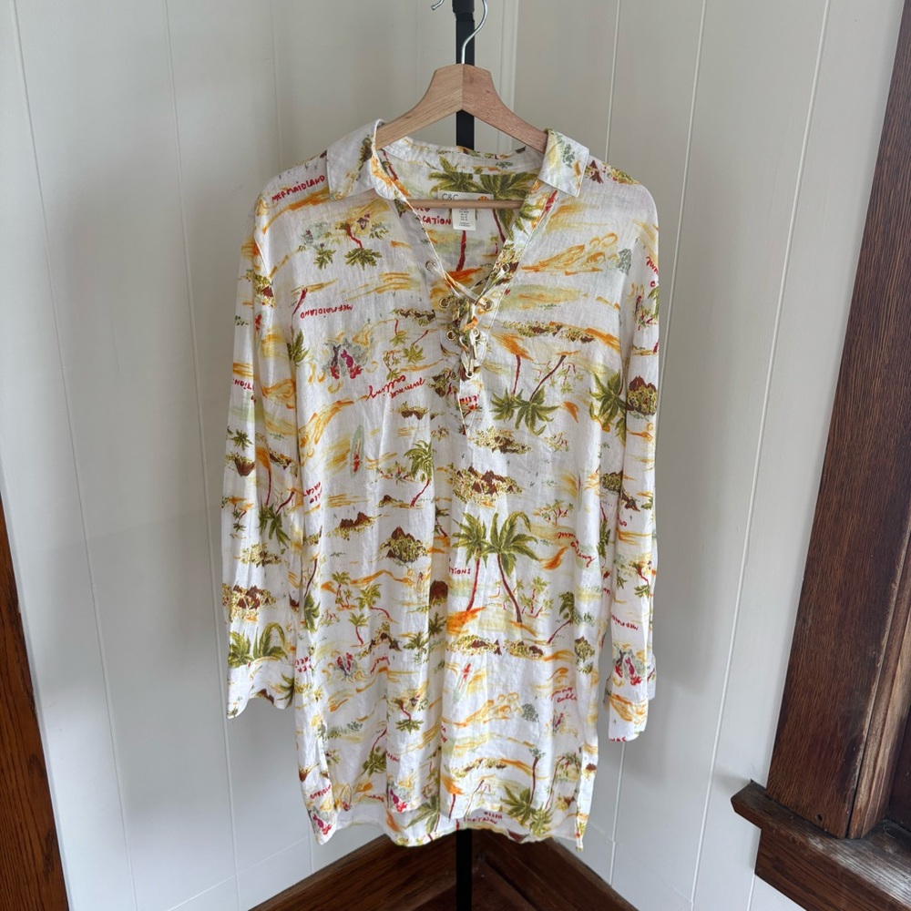 C&C California Tropical Linen Blend Shirt Dress Lace Up Henley Mini Womens M